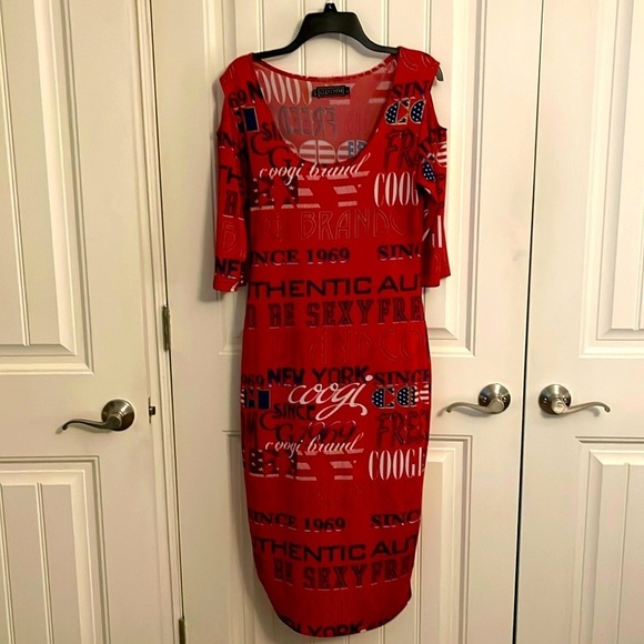 COOGI red white & blue New York WOMEN’S 1/2 length cold shoulder midi dress sz L - Picture 1 of 15